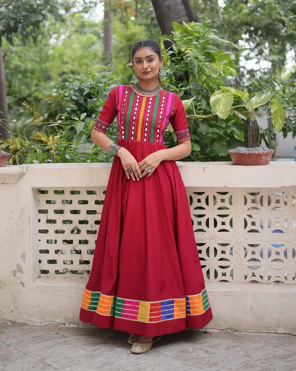 Maroon_Multi_Thread_And_Mirror_Work_With_Lace_Embellished_Navratri_Gown_For_Women
