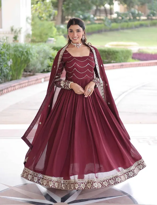 Maroon_Sequins_Embroidery_Work_Silk_Gown_For_Women