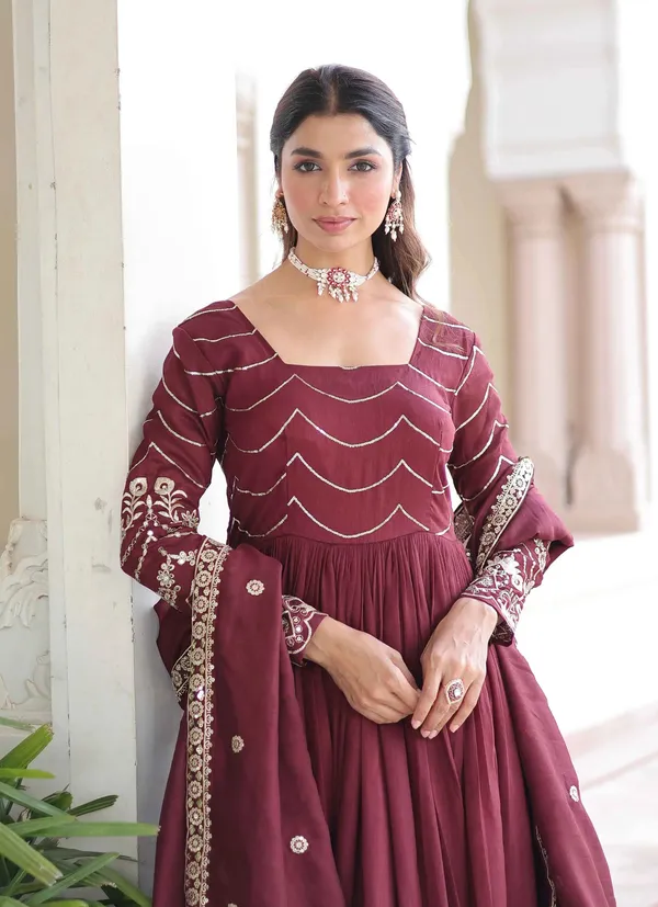 Maroon_Sequins_Embroidery_Work_Silk_Gown_For_Women