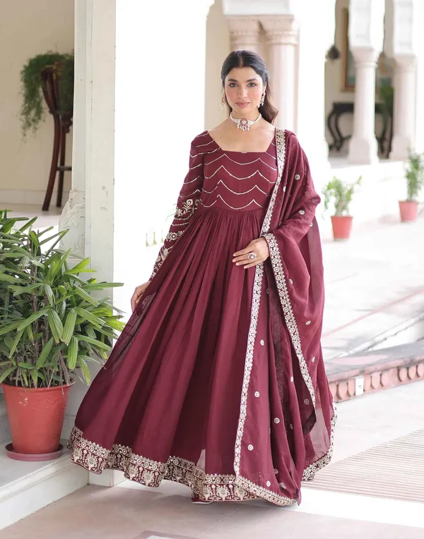 Maroon_Sequins_Embroidery_Work_Silk_Gown_For_Women
