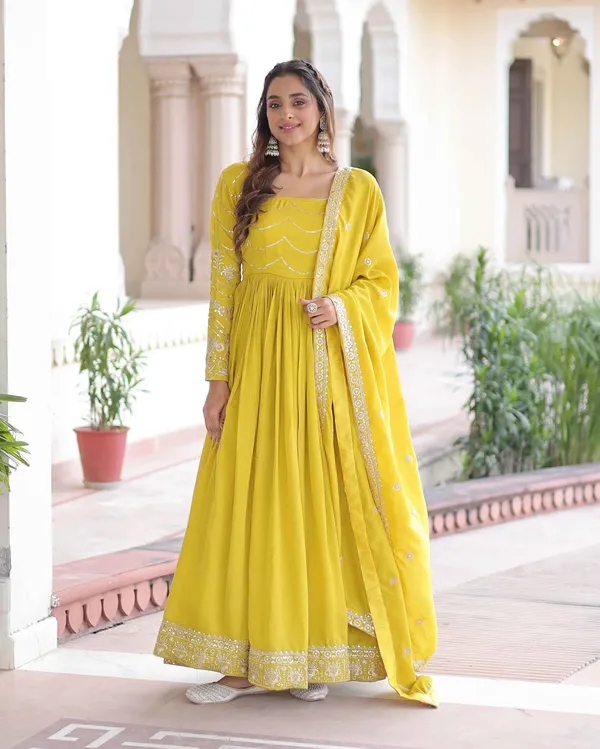 Yellow_Sequins_Embroidery_Work_Silk_Gown_For_Women