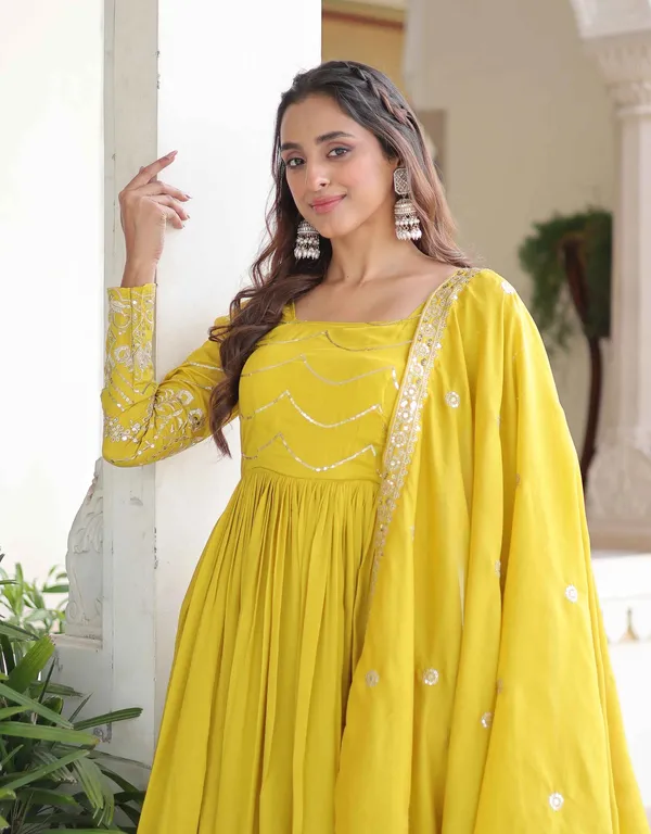 Yellow_Sequins_Embroidery_Work_Silk_Gown_For_Women