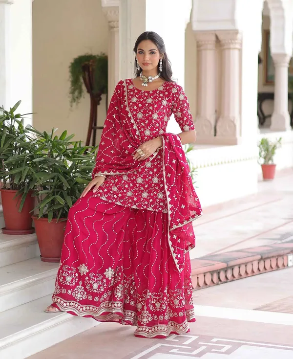 Redish_Pink_Georgette_Embroidery_Sharara_Suit_For_Women