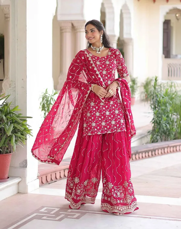 Redish_Pink_Georgette_Embroidery_Sharara_Suit_For_Women