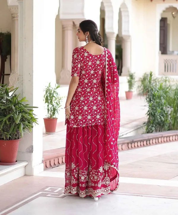Redish_Pink_Georgette_Embroidery_Sharara_Suit_For_Women