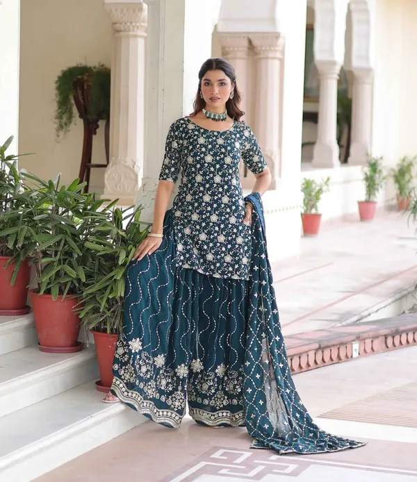 Dark_Teal_Georgette_Embroidery_Sharara_Suit_For_Women
