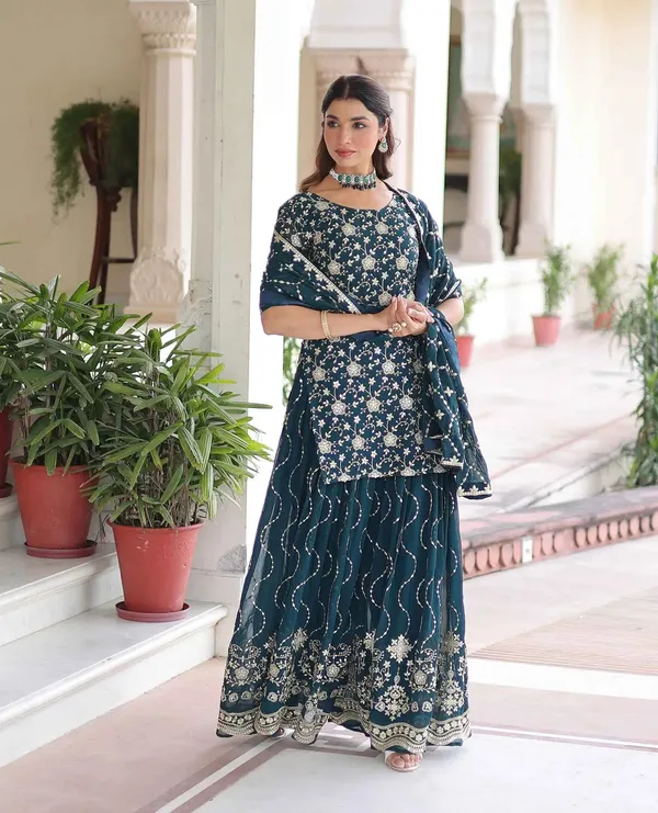 Dark_Teal_Georgette_Embroidery_Sharara_Suit_For_Women
