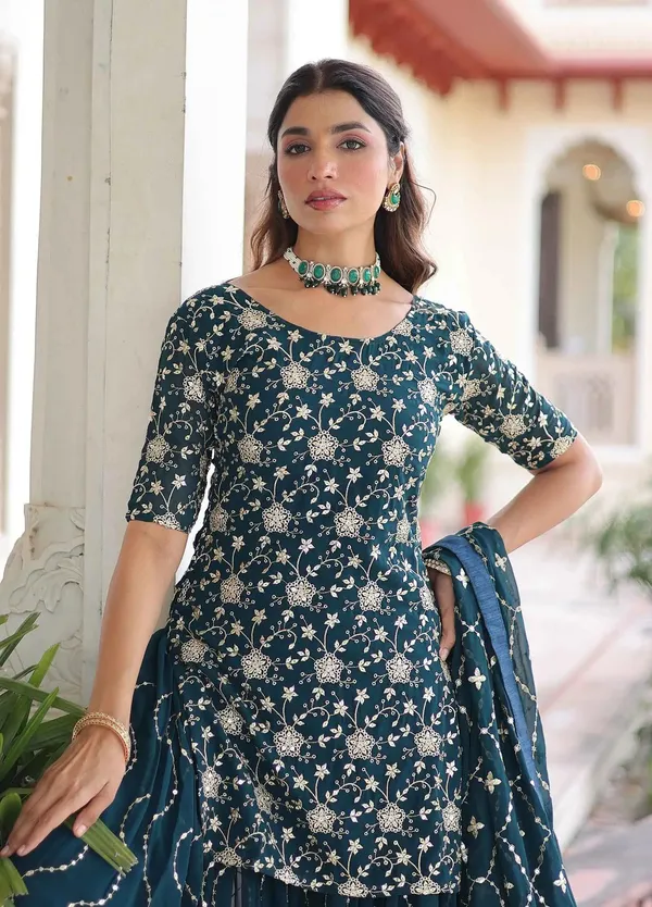 Dark_Teal_Georgette_Embroidery_Sharara_Suit_For_Women