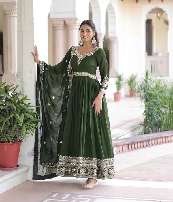 Dark_Green_Silk_Gown_With_Embroidery_Work_For_Women