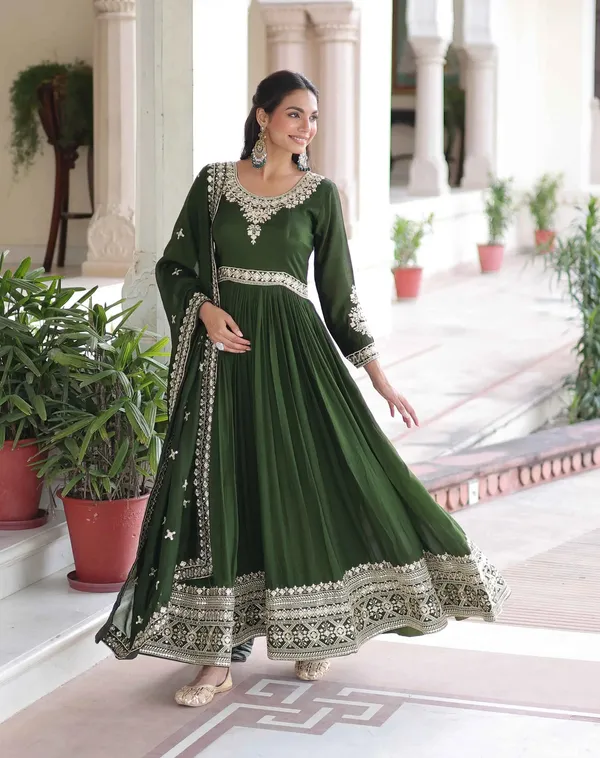 Dark_Green_Silk_Gown_With_Embroidery_Work_For_Women