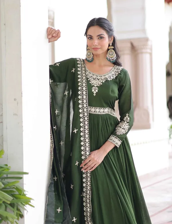 Dark_Green_Silk_Gown_With_Embroidery_Work_For_Women