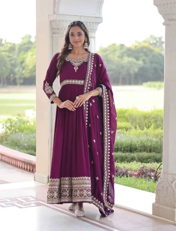 Magenta_Sequins_Embroidery_Work_Gown_For_Women