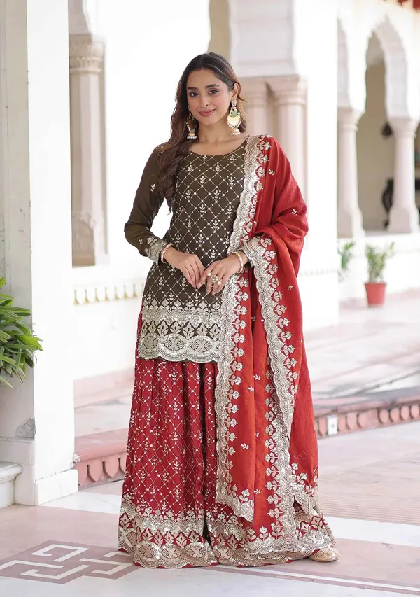 Green_Red_Silk_Embroidery_Sharara_Suit_For_Women