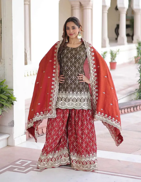 Green_Red_Silk_Embroidery_Sharara_Suit_For_Women