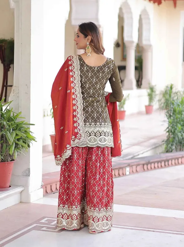 Green_Red_Silk_Embroidery_Sharara_Suit_For_Women