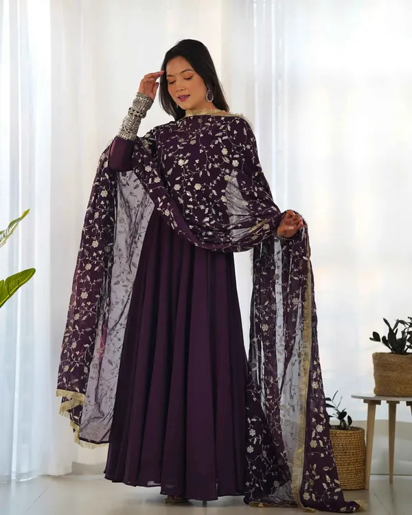 Dark_Wine_Designer_Georgette_Gown_With_Heavy_Embroidery_Work_Dupatta_For_Women