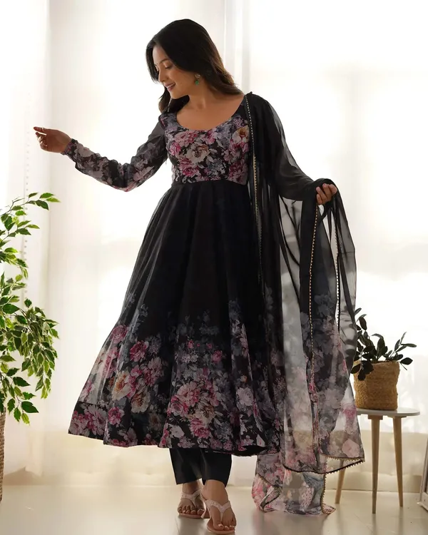 Black_Floral_Print_Organza_Anarkali_Gown_With_Dupatta_For_Women