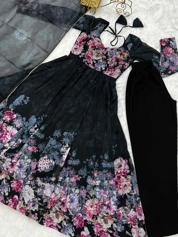 Black_Floral_Print_Organza_Anarkali_Gown_With_Dupatta_For_Women