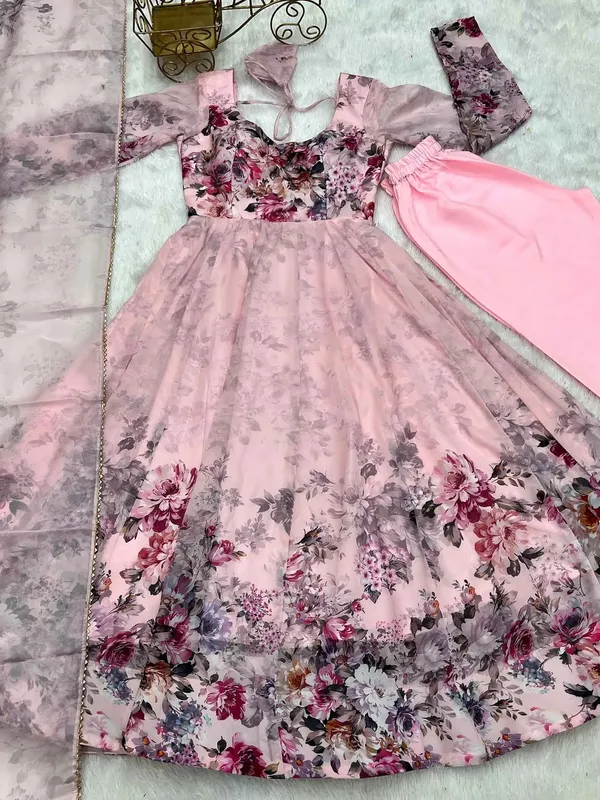 Light_Peach_Pink_Floral_Print_Organza_Gown_For_Women