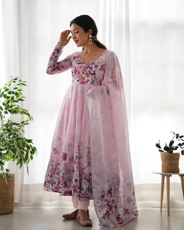 Light_Peach_Pink_Floral_Print_Organza_Gown_For_Women