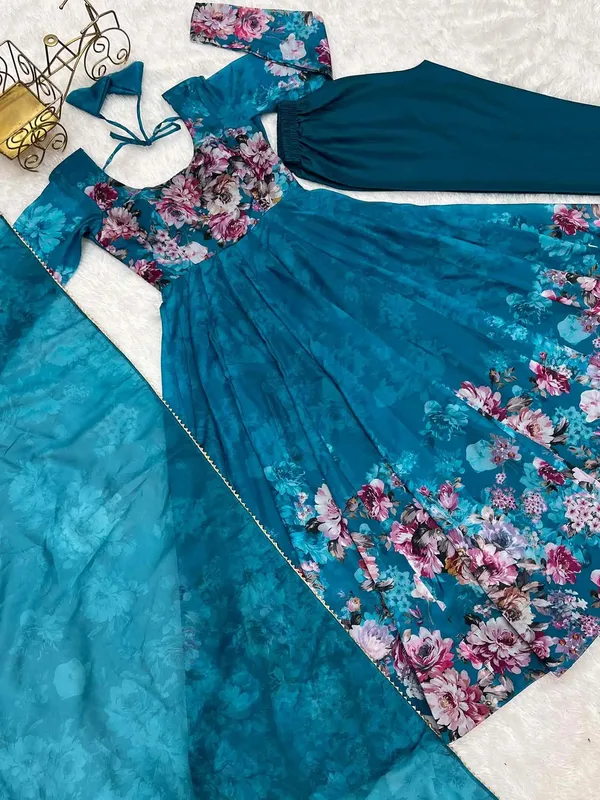 Rama_Green_Floral_Print_Organza_Gown_With_Dupatta_For_Women