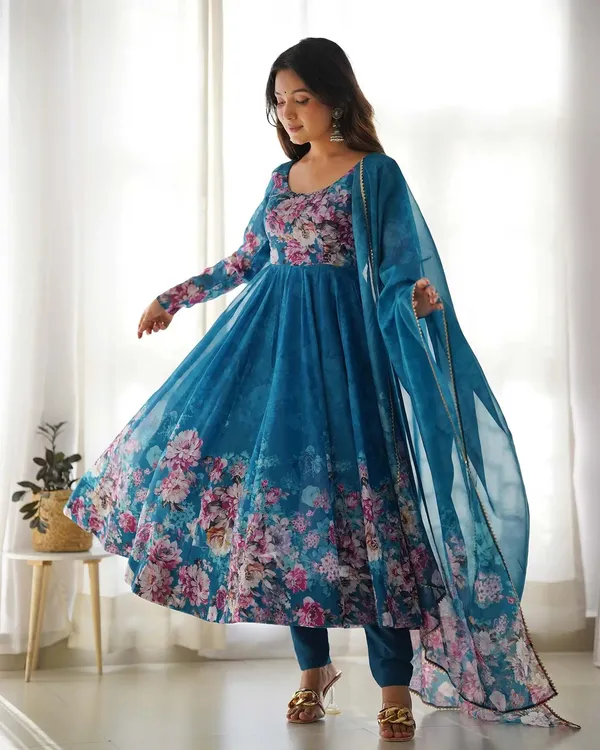 Rama_Green_Floral_Print_Organza_Gown_With_Dupatta_For_Women