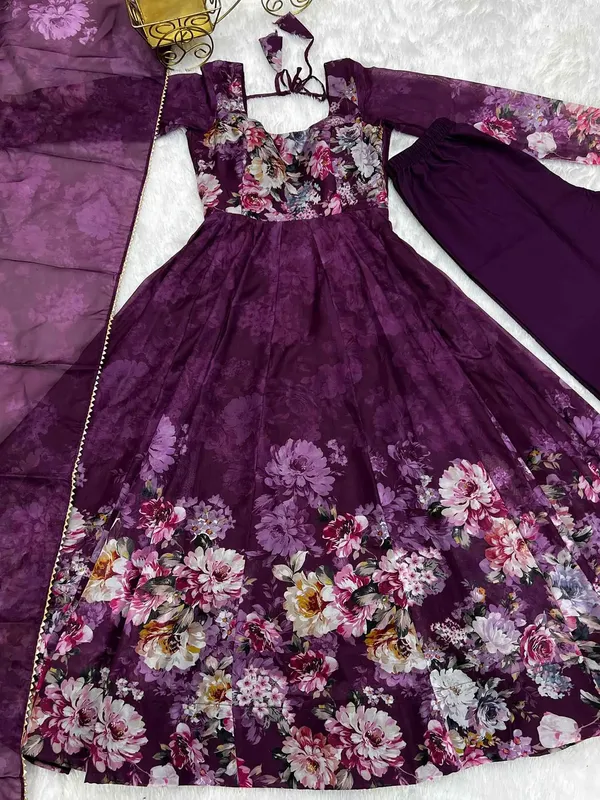 Wine_Floral_Print_Organza_Anarkali_Gown_With_Dupatta_For_Women