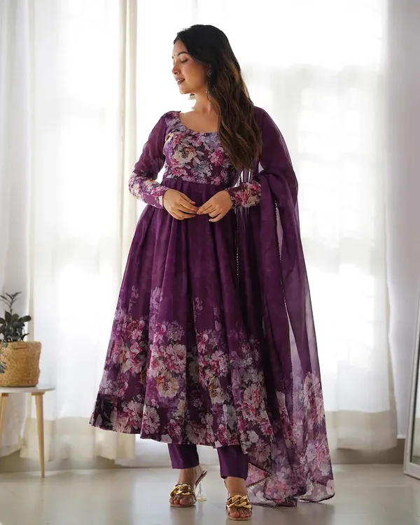 Wine_Floral_Print_Organza_Anarkali_Gown_With_Dupatta_For_Women