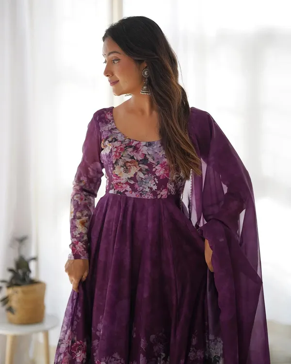 Wine_Floral_Print_Organza_Anarkali_Gown_With_Dupatta_For_Women
