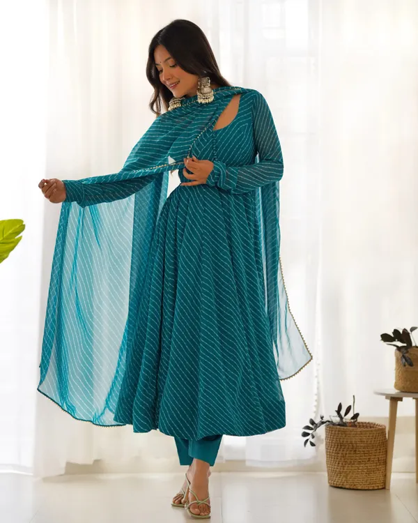 Bottle_Green_Leheriya_Print_Georgette_Anarkali_Gown_With_Dupatta_For_Women