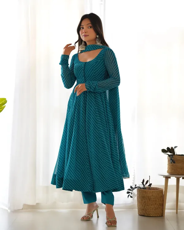 Bottle_Green_Leheriya_Print_Georgette_Anarkali_Gown_With_Dupatta_For_Women