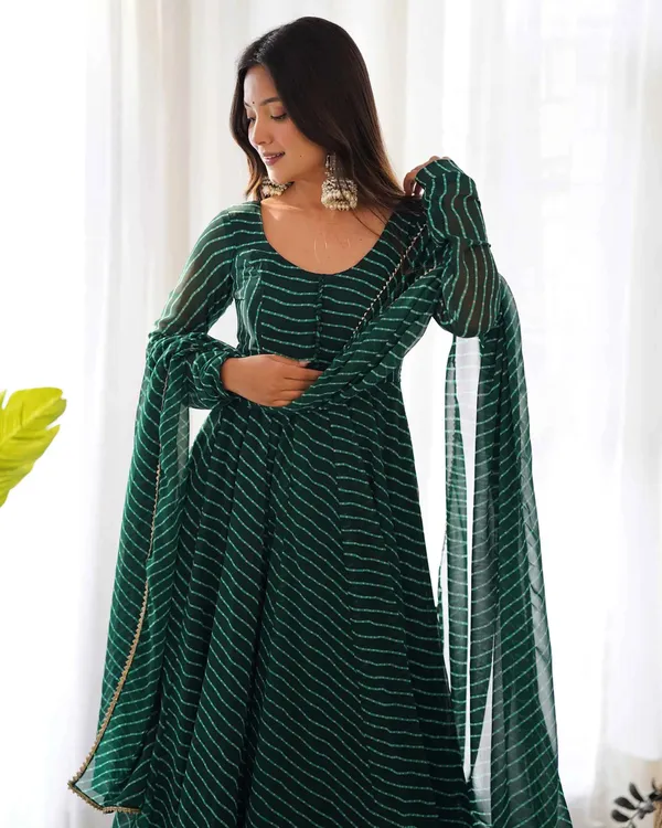 Dark_Green_Leheriya_Print_Georgette_Anarkali_Gown_With_Dupatta_For_Women