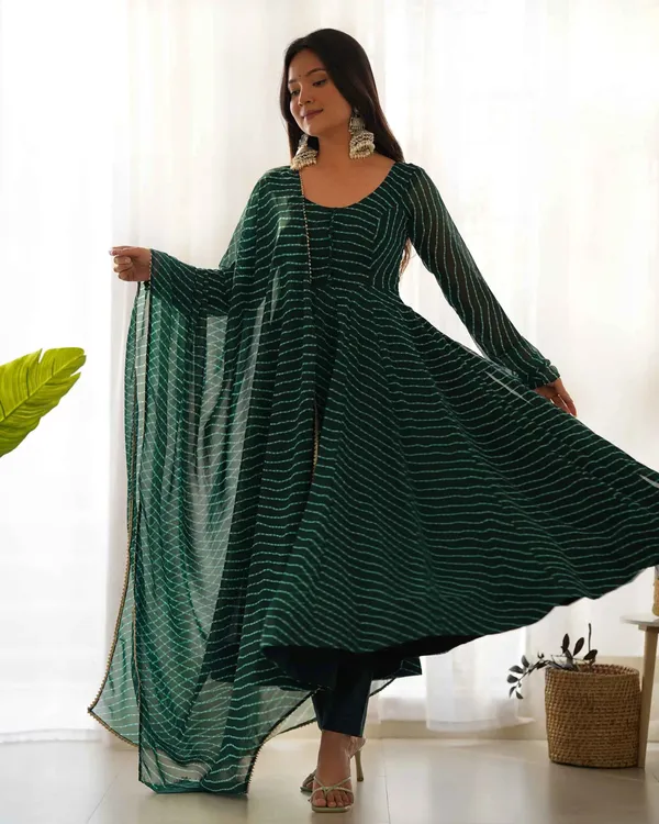 Dark_Green_Leheriya_Print_Georgette_Anarkali_Gown_With_Dupatta_For_Women