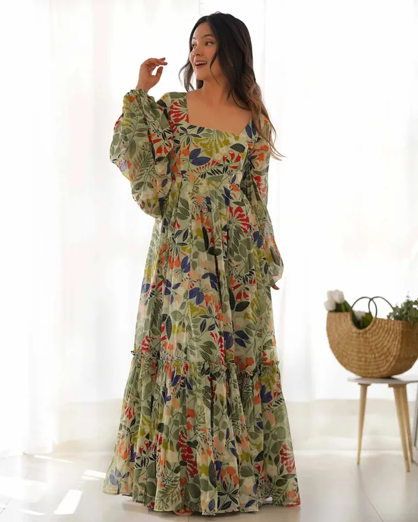 Spanish_Green_Georgette_Floral_Print_Balloon_Sleeve_Maxi_Gown_For_Women