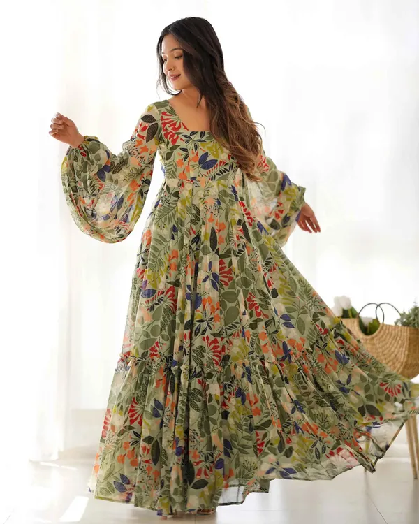 Spanish_Green_Georgette_Floral_Print_Balloon_Sleeve_Maxi_Gown_For_Women