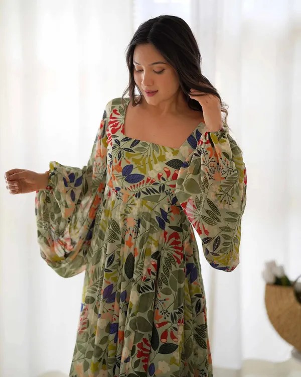 Spanish_Green_Georgette_Floral_Print_Balloon_Sleeve_Maxi_Gown_For_Women