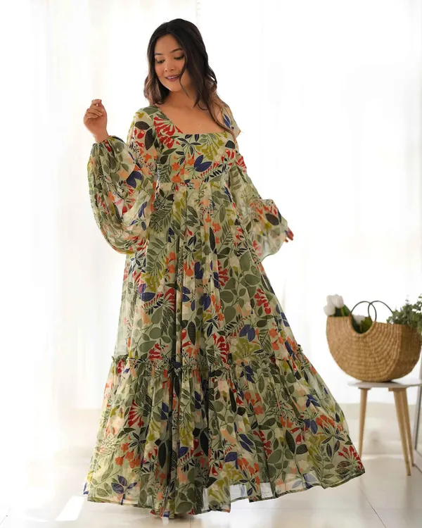 Spanish_Green_Georgette_Floral_Print_Balloon_Sleeve_Maxi_Gown_For_Women