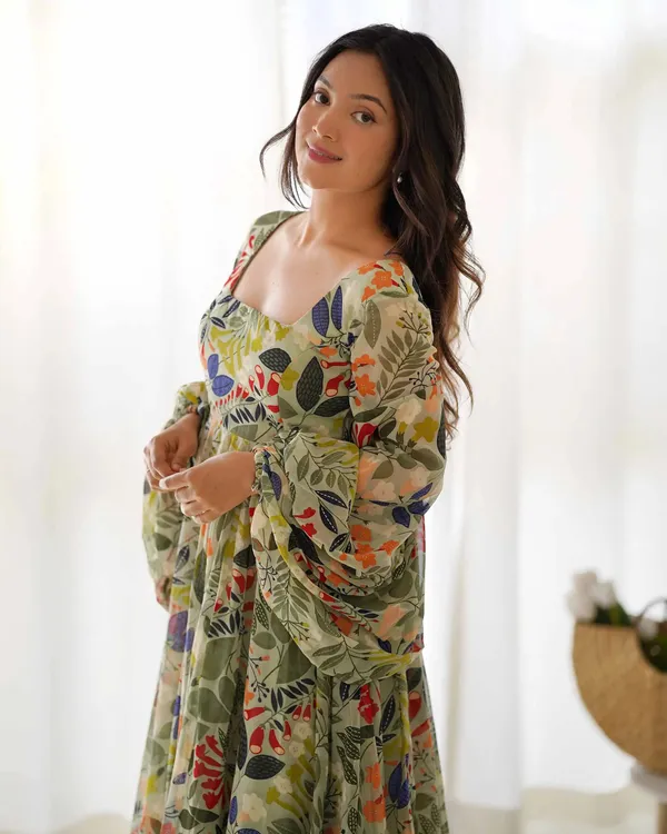 Spanish_Green_Georgette_Floral_Print_Balloon_Sleeve_Maxi_Gown_For_Women
