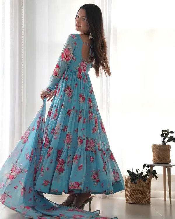 Sky_Blue_Georgette_Floral_Print_Gown_With_Dupatta_For_Women