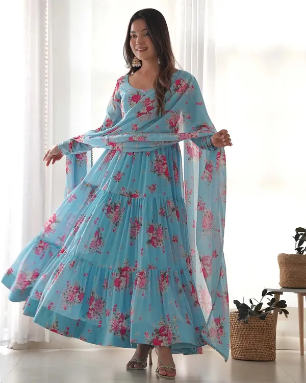 Sky_Blue_Georgette_Floral_Print_Gown_With_Dupatta_For_Women