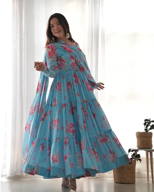 Sky_Blue_Georgette_Floral_Print_Gown_With_Dupatta_For_Women