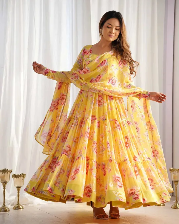 Yellow_Georgette_Floral_Print_Gown_With_Dupatta_For_Women