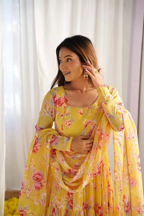 Yellow_Georgette_Floral_Print_Gown_With_Dupatta_For_Women