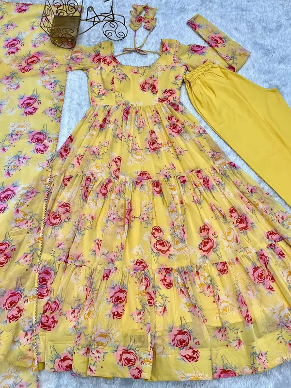 Yellow_Georgette_Floral_Print_Gown_With_Dupatta_For_Women