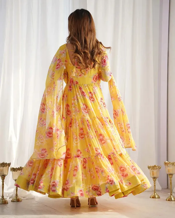 Yellow_Georgette_Floral_Print_Gown_With_Dupatta_For_Women