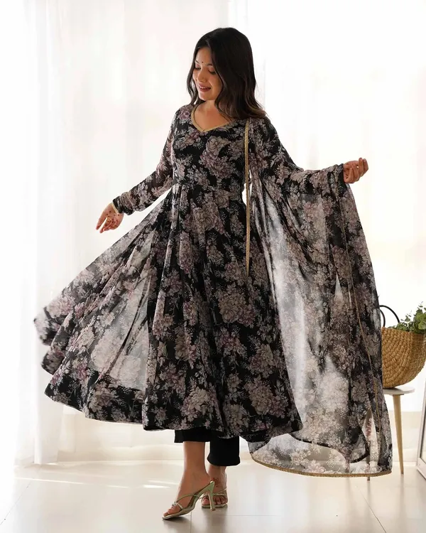 Grey_Black_Georgette_Multi_Floral_Print_Anarkali_Gown_With_Dupatta_For_Women
