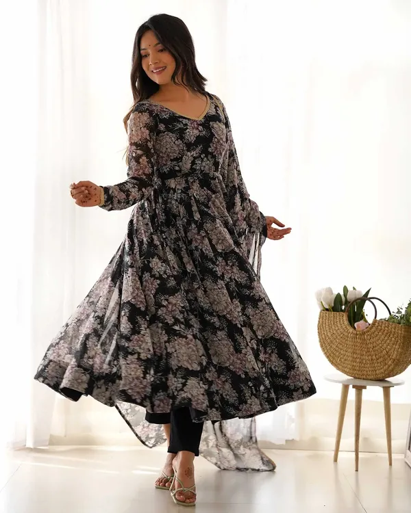 Grey_Black_Georgette_Multi_Floral_Print_Anarkali_Gown_With_Dupatta_For_Women