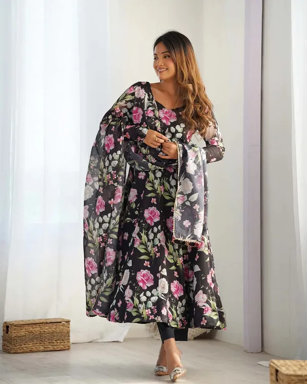 Black_Floral_Print_Organza_Gown_For_Summer_For_Women