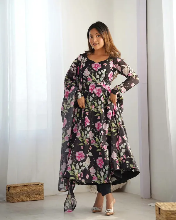 Black_Floral_Print_Organza_Gown_For_Summer_For_Women