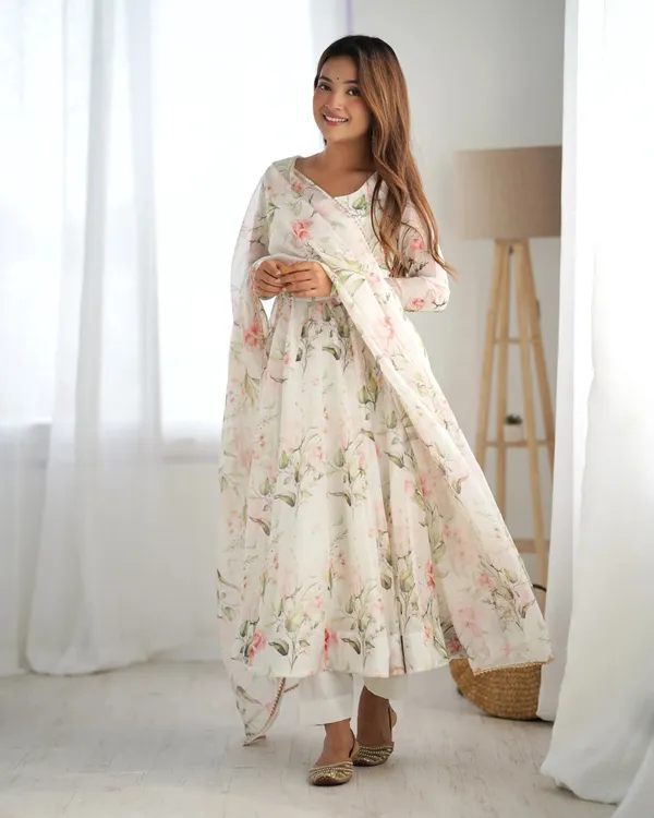 Off_White_Floral_Print_Organza_Gown_For_Summer_For_Women
